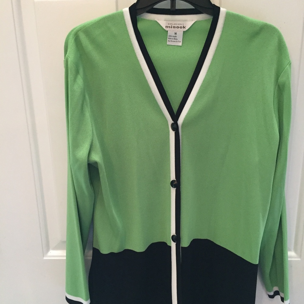 Exclusively Misook Green w/Black Accents Cardigan